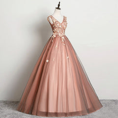 Prom Dress With Shorts, V-neckline Tulle Ball Gown Pink Sweet 16 Dresses, Ball Gown Lace Applique Quinceanera Dress