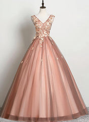 Prom Dress For Teen, V-neckline Tulle Ball Gown Pink Sweet 16 Dresses, Ball Gown Lace Applique Quinceanera Dress