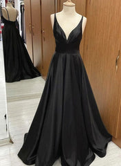 Festival Outfit, V-neck line Black Long Satin A-line Prom Dresses, V Neck Black Formal Dresses Party Dresses