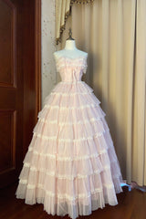 Prom Dresses Unique, Pink Strapless Layers Tulle Long Party Dress, Glam Prom Dress Formal Gown