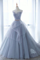 Formal Dresses Royal Blue, Blue Tulle Lace Long Prom Dress, A-Line Strapless Evening Gown