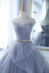 Formal Dresses Midi, Blue Tulle Lace Long Prom Dress, A-Line Strapless Evening Gown