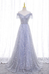 Prom Dress With Shorts, A-Line Tulle Sequins Long Prom Dress, Off the Shoulder Evening Party Dress