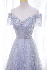Prom Dresses With Short, A-Line Tulle Sequins Long Prom Dress, Off the Shoulder Evening Party Dress