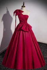 Party Dresses Modest, Burgundy Satin Long Prom Dress, One Shoulder Evening Dress with Bow