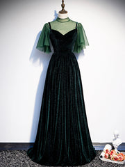 Prom Dresses Long Sleeve, Green Velvet Long Prom Dress, Elegant A-Line Green Evening Dress