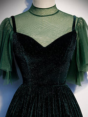Prom Dress Long Sleeves, Green Velvet Long Prom Dress, Elegant A-Line Green Evening Dress