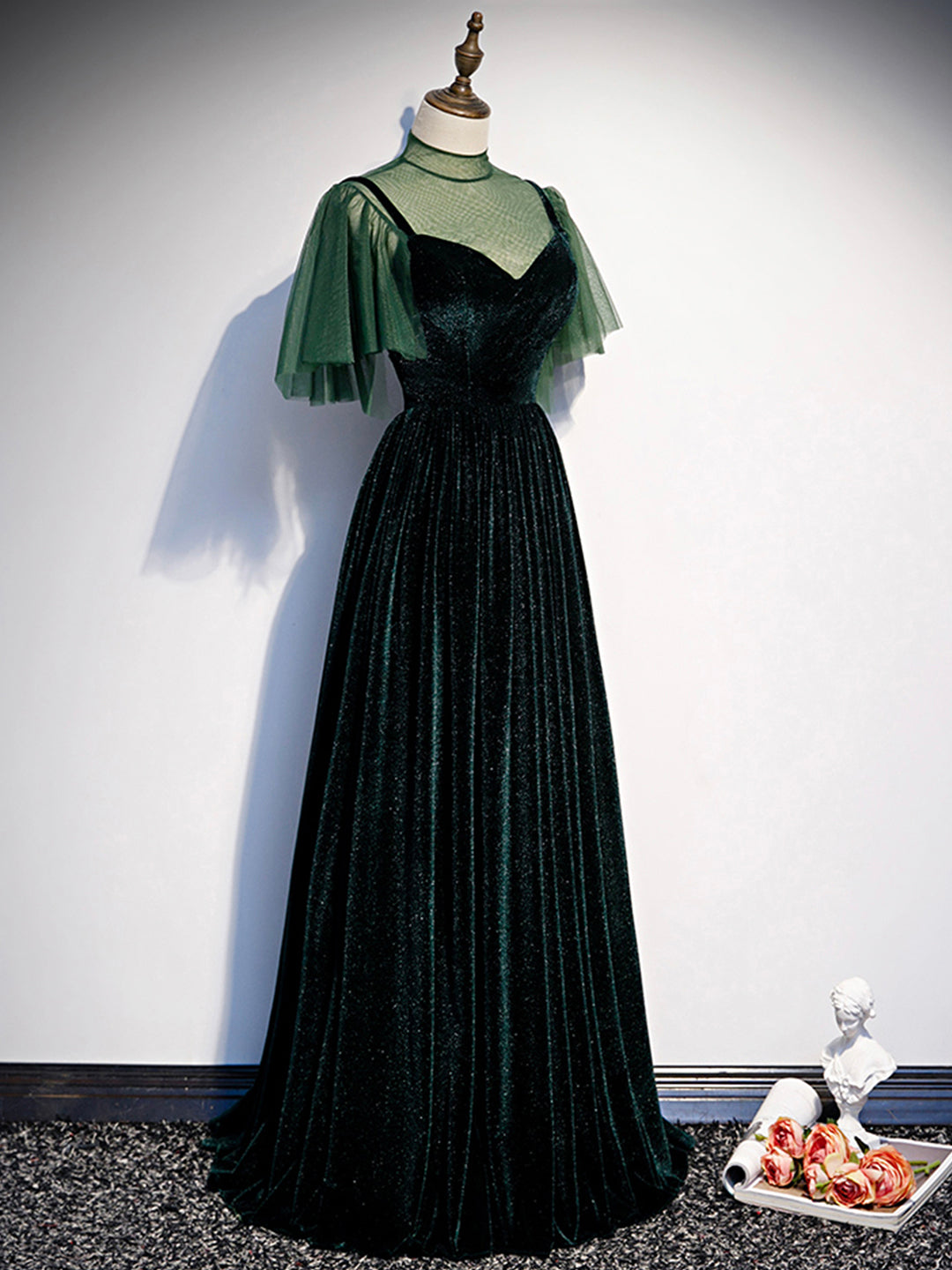 Prom Dress Long Sleeved, Green Velvet Long Prom Dress, Elegant A-Line Green Evening Dress