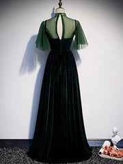 Prom Dress Long Sleeve, Green Velvet Long Prom Dress, Elegant A-Line Green Evening Dress