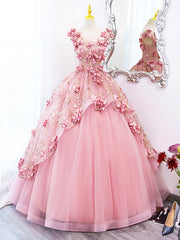 Homecomeing Dresses Vintage, Pink Tulle Long Prom Dress with Flowers, Beautiful A-Line Sweet 16 Dress
