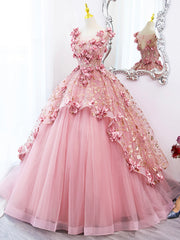Homecomming Dresses Vintage, Pink Tulle Long Prom Dress with Flowers, Beautiful A-Line Sweet 16 Dress