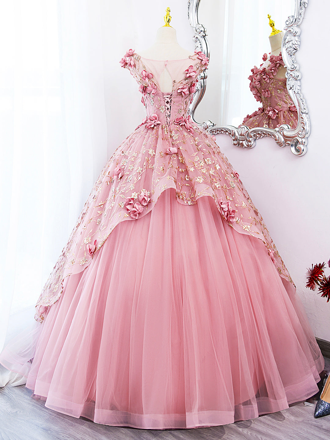 Homecomming Dress Vintage, Pink Tulle Long Prom Dress with Flowers, Beautiful A-Line Sweet 16 Dress