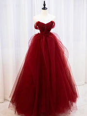 Party Dress In White, Burgundy Sweetheart Tulle Long Prom Dress with Beaded, Burgundy Party Dress