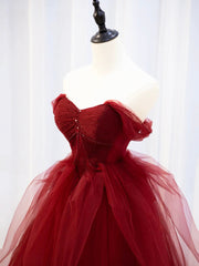 Party Dress Shiny, Burgundy Sweetheart Tulle Long Prom Dress with Beaded, Burgundy Party Dress