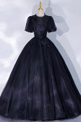 Prom Dress Unique, Black Tulle Lace Long A-Line Prom Dress, A-Line Short Sleeve Evening Gown