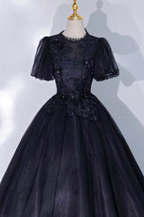 Prom Dresses Unique, Black Tulle Lace Long A-Line Prom Dress, A-Line Short Sleeve Evening Gown