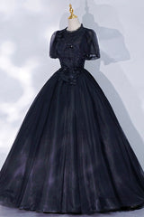 Prom Dress Beautiful, Black Tulle Lace Long A-Line Prom Dress, A-Line Short Sleeve Evening Gown