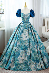 Evening Dress Yellow, Blue Printed Long A-Line Prom Dress, Elegant Short Sleeve Formal Dress