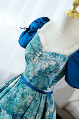 Evening Dresses 1934S, Blue Printed Long A-Line Prom Dress, Elegant Short Sleeve Formal Dress
