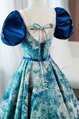 Evening Dress 1934S, Blue Printed Long A-Line Prom Dress, Elegant Short Sleeve Formal Dress