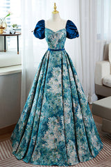 Evening Dress 1934, Blue Printed Long A-Line Prom Dress, Elegant Short Sleeve Formal Dress