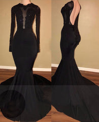 Formal Dress Online, 2024 Unique Black Long Sleeves Mermaid Backless Prom Dresses