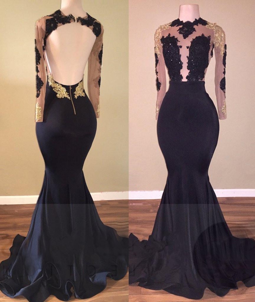 Prom Dresses Black, 2024 Black Mermaid Backless Long Sleeves Prom Dresses