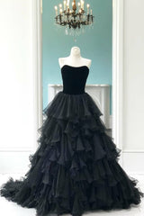 Prom Dresses 2029 Long, Velvet Strapless Black Prom Gowns with Pleated Tiered Skirt,Prom Dress