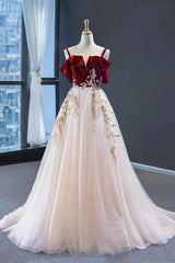 Formal Dressing For Wedding, Uniquedresss Vintage Red Straps Tulle Formal Dress, Elegant Applique Prom Dress
