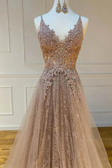Short Formal Dress, Sparkly Spaghetti Straps V Neck Lace Appliques Prom Dresses, Long Evening Dresses