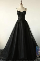 Semi Formal, Charming Black Spaghetti Straps Sweetheart Tulle Evening Dresses Formal Dress
