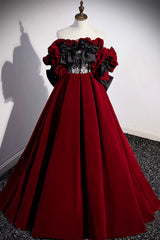 Party Dresse Idea, Burgundy Velvet Long Prom Dress, Off the Shoulder A-Line Evening Dress