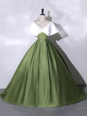 Formal Dresses 2036, White+Green Satin Floor Length Prom Dress, V-Neck Off the Shoulder Evening Dress