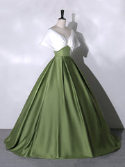 Formal Dresses Simple, White+Green Satin Floor Length Prom Dress, V-Neck Off the Shoulder Evening Dress