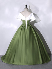 Formal Dress Simple, White+Green Satin Floor Length Prom Dress, V-Neck Off the Shoulder Evening Dress