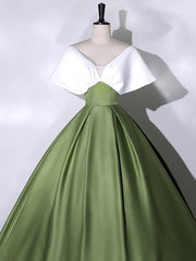 Formal Dresses Ball Gown, White+Green Satin Floor Length Prom Dress, V-Neck Off the Shoulder Evening Dress