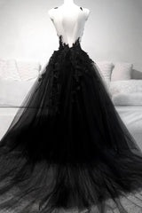 Formal Dress For Beach Wedding, Vintage Black V Neck Tulle Prom Dresses,Formal Dress with Lace