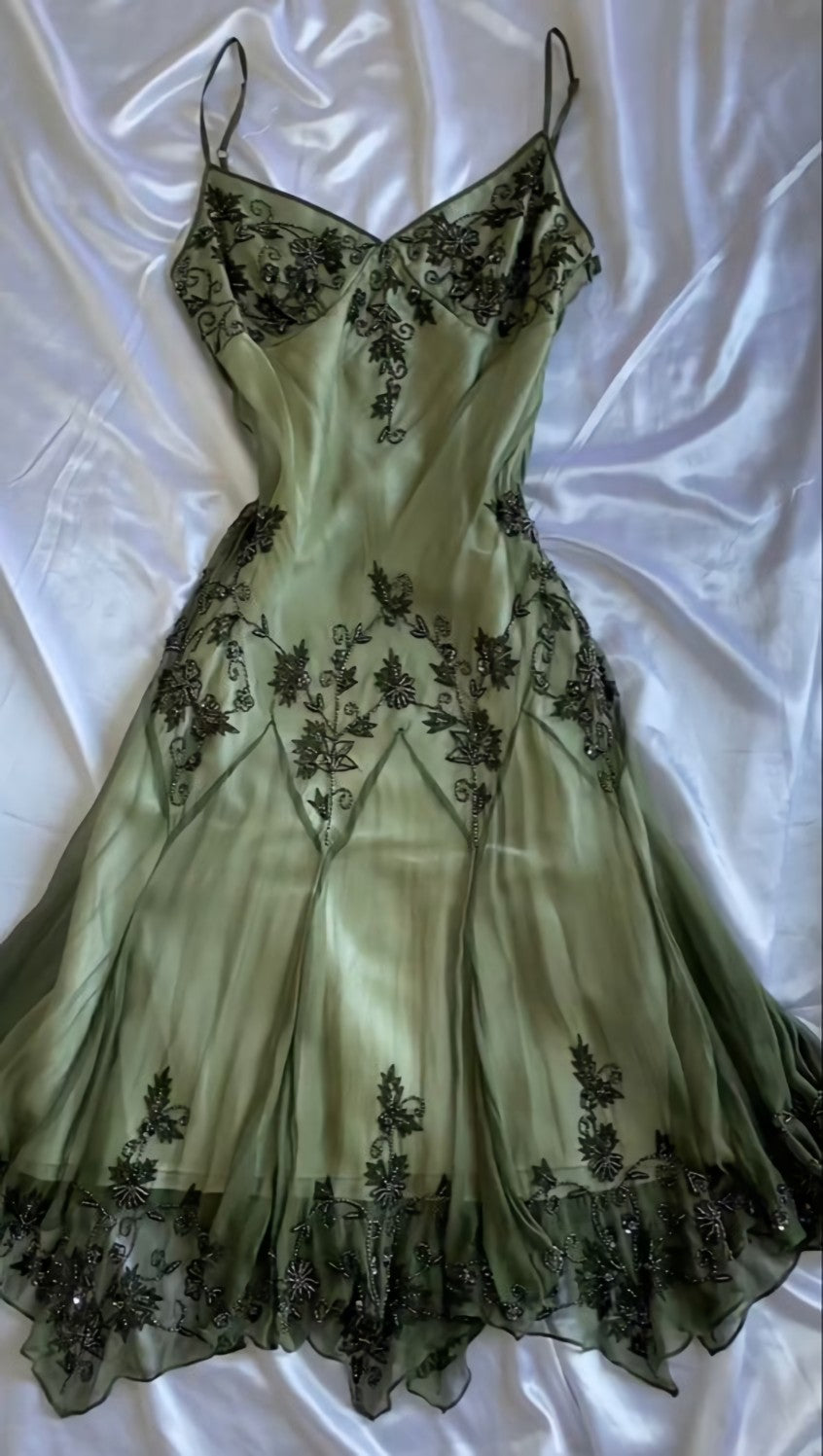 Pretty Prom Dress, vintage green emerald maxi dress embroidered crystals floral Prom Dresses
