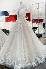 Wedding Dress Classy, Vintage Long A-line Jewel Tulle Ruffles Wedding Dress with Lace Appliques