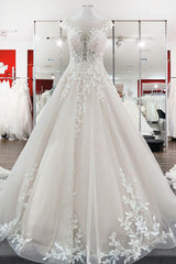 Wedding Dress Fits, Vintage Long A-line Jewel Tulle Ruffles Wedding Dress with Lace Appliques