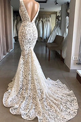 Wedding Dresses 2028, Vintage Long Mermaid V-neck Lace Backless Wedding Dresses