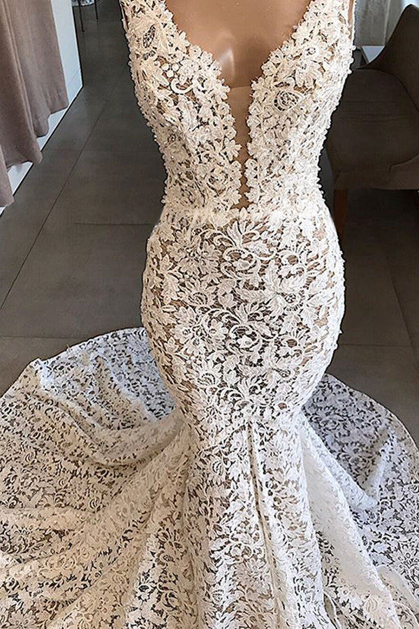 Wedding Dress 2029, Vintage Long Mermaid V-neck Lace Backless Wedding Dresses