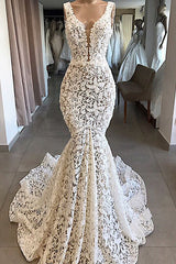 Wedding Dress 2028, Vintage Long Mermaid V-neck Lace Backless Wedding Dresses