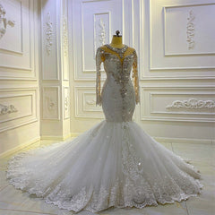Wedding Dresses Tulle Lace, Vintage Long Sleeve Appliques Lace Beading Sequins Mermaid Wedding Dress