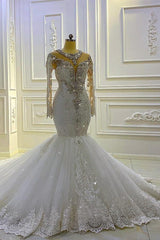 Wedding Dress Tulle Lace, Vintage Long Sleeve Appliques Lace Beading Sequins Mermaid Wedding Dress
