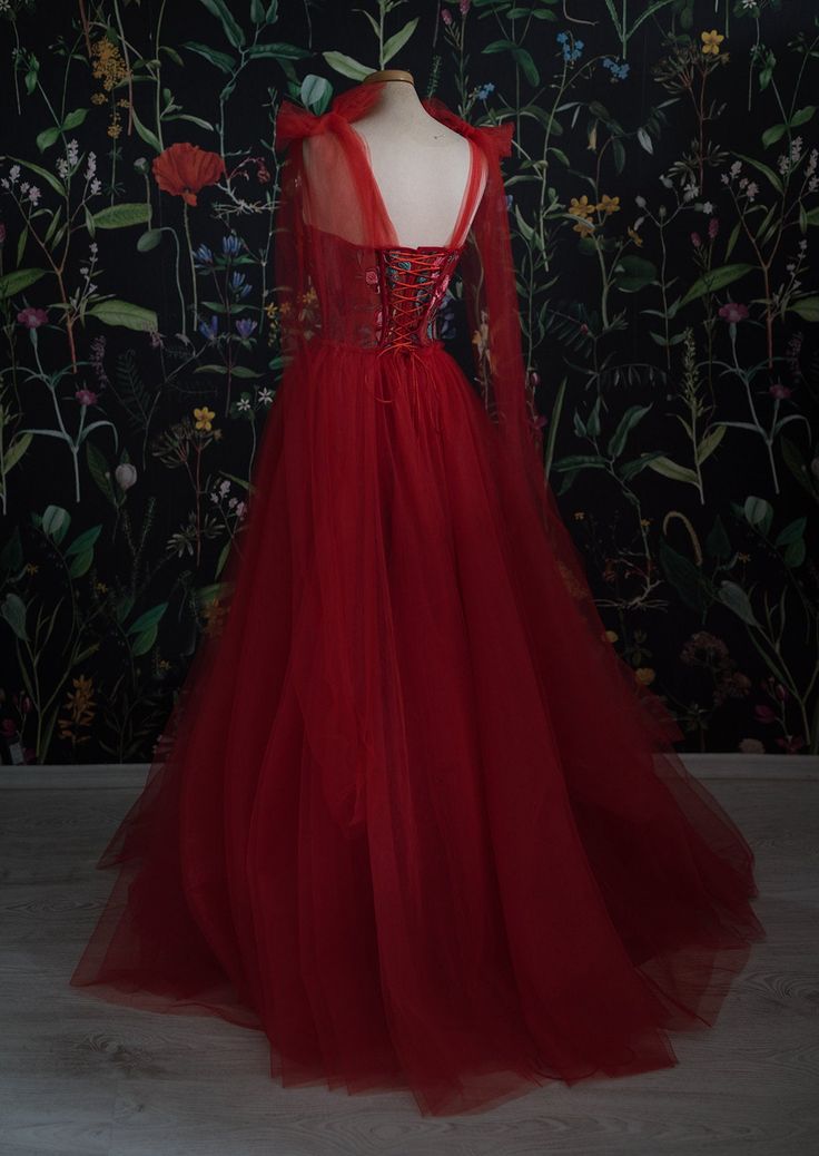 Prom Dress Idea, Vintage Red Tulle Prom Dress,Women Evening Gowns with Flowers