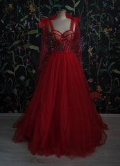 Prom Dress 2026, Vintage Red Tulle Prom Dress,Women Evening Gowns with Flowers