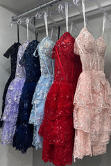 Homecoming Dresses Freshman, Red Off-the-Shoulder Lace Multi-Layers Appliques Sequins Homecoming Dress