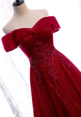 Backless Dress, Burgundy Lace Long Prom Dresses, A-Line Off the Shoulder Evening Dresses