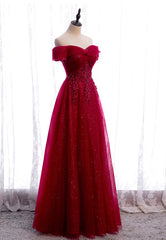 Bodycon Dress, Burgundy Lace Long Prom Dresses, A-Line Off the Shoulder Evening Dresses